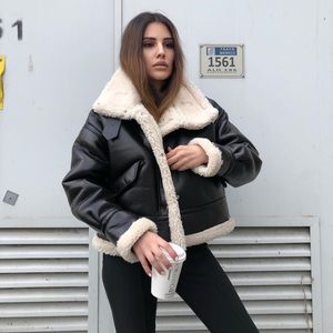 Zara FAUX LEATHER FLEECE COLLAR Jacket
